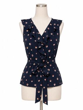 Max Studio Navy Ruffle Peplum Top L | Tie Waist Blouse Office Work